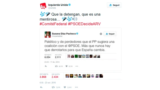 El mensaje de la cuenta de Twitter de Izquierda Unida El mensaje de la cuenta de Twitter de Izquierda Unida