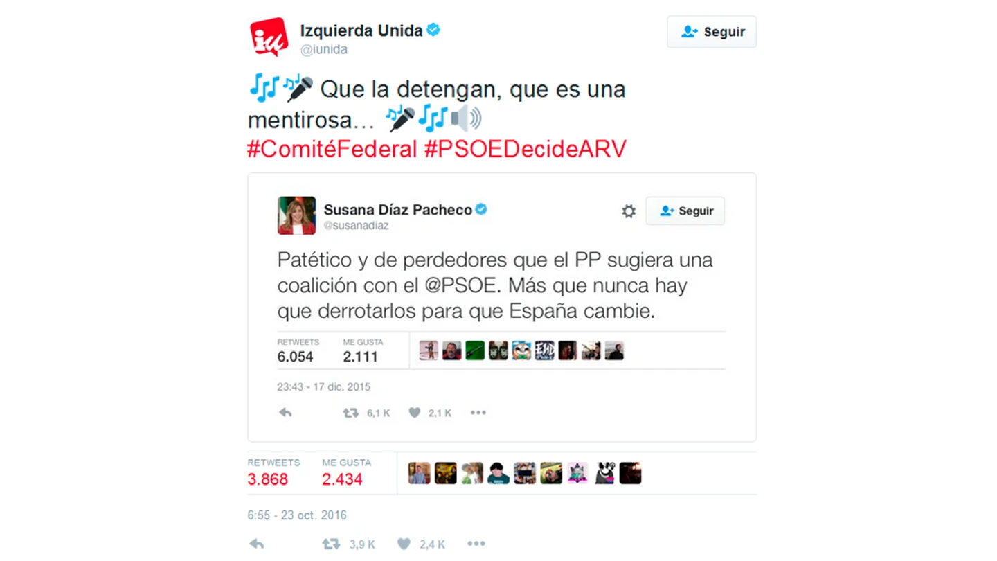 El mensaje de la cuenta de Twitter de Izquierda Unida El mensaje de la cuenta de Twitter de Izquierda Unida