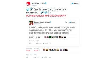 El mensaje de la cuenta de Twitter de Izquierda Unida