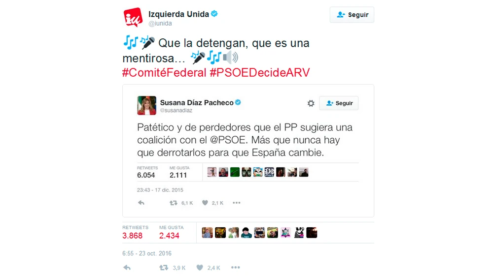 El mensaje de la cuenta de Twitter de Izquierda Unida