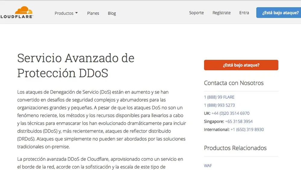 Captura del servicio anti DDoS de la web cloudflare.com