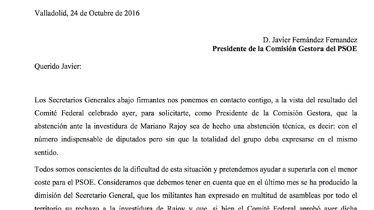 Carta de ocho secretarios regionales del PSOE Carta de ocho secretarios regionales del PSOE