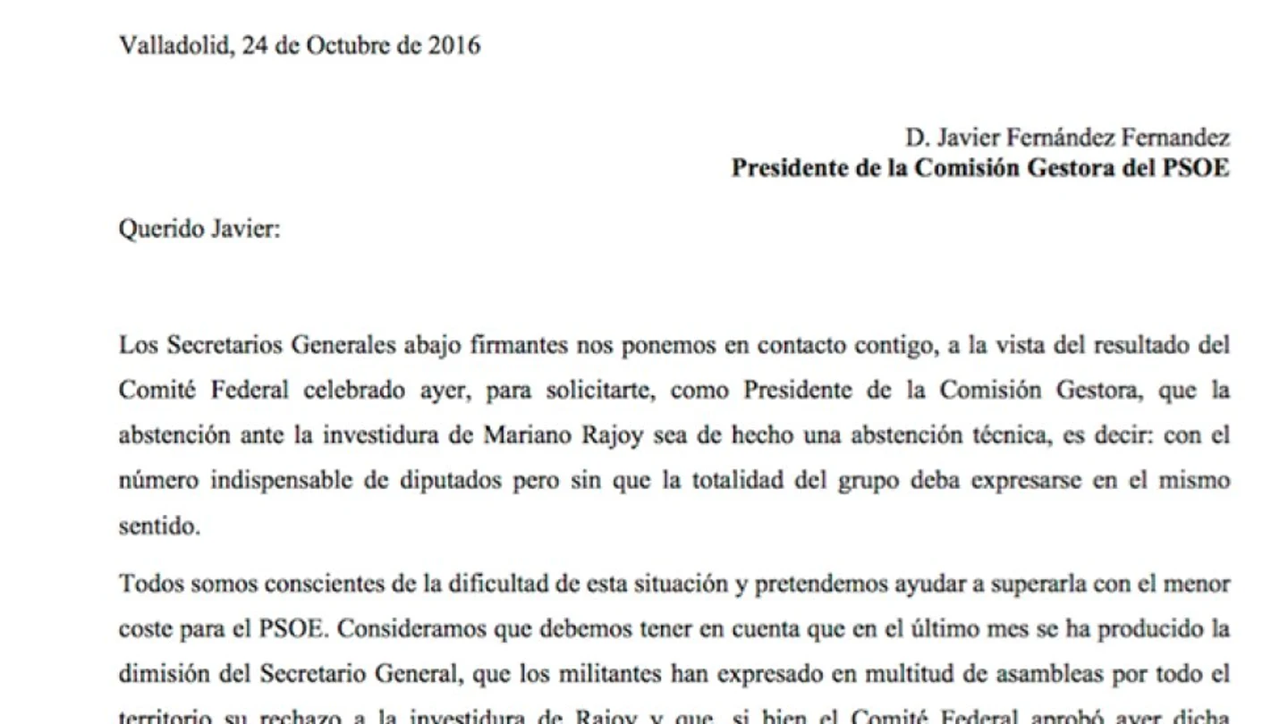 Carta de ocho secretarios regionales del PSOE Carta de ocho secretarios regionales del PSOE