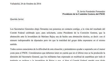Carta de ocho secretarios regionales del PSOE