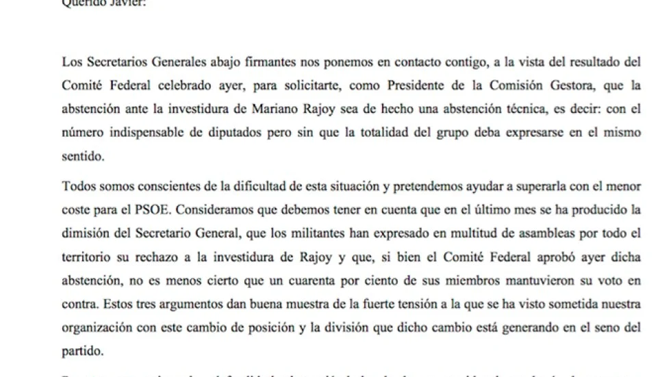 Carta de ocho secretarios regionales del PSOE