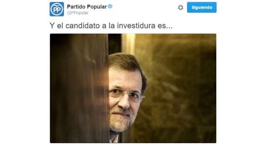 Tuit del Partido Popular sobre la investidura de Rajoy