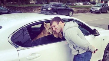 Salim Zhambeev llevando a la leona en su coche
