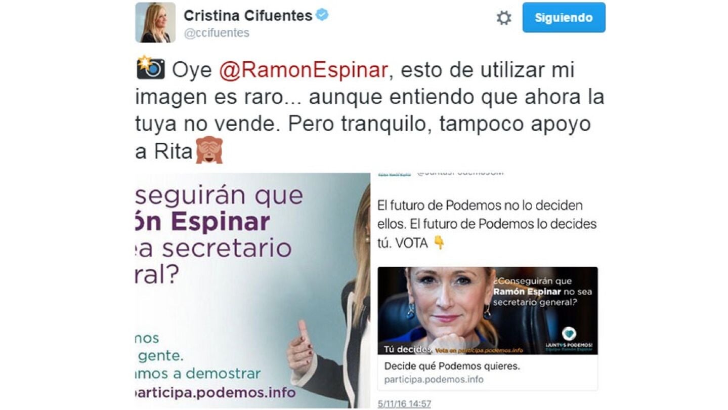 Tuit de Cristina Cifuentes a Ram&oacute;n Espinar