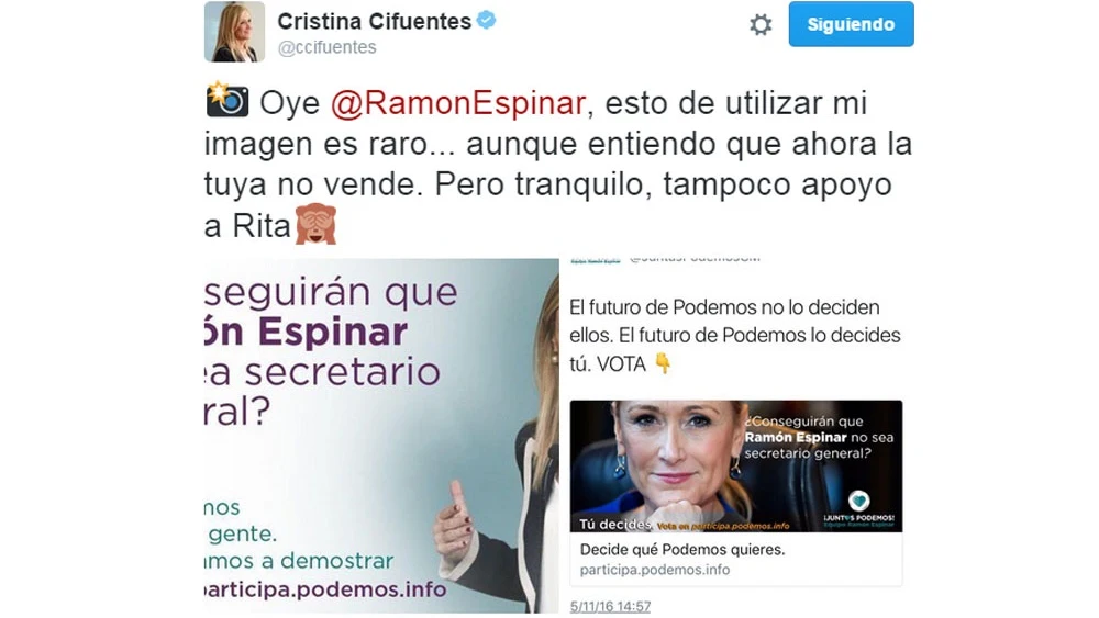 Tuit de Cristina Cifuentes a Ramón Espinar Tuit de Cristina Cifuentes a Ramón Espinar