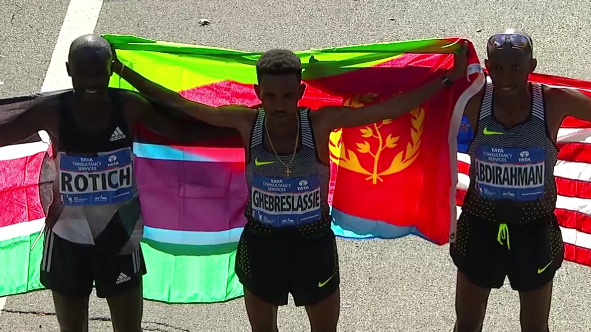 El podium masculino de la Maratón de Nueva York