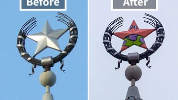 Imágenes del antes y después de la estrella que corona el edificio