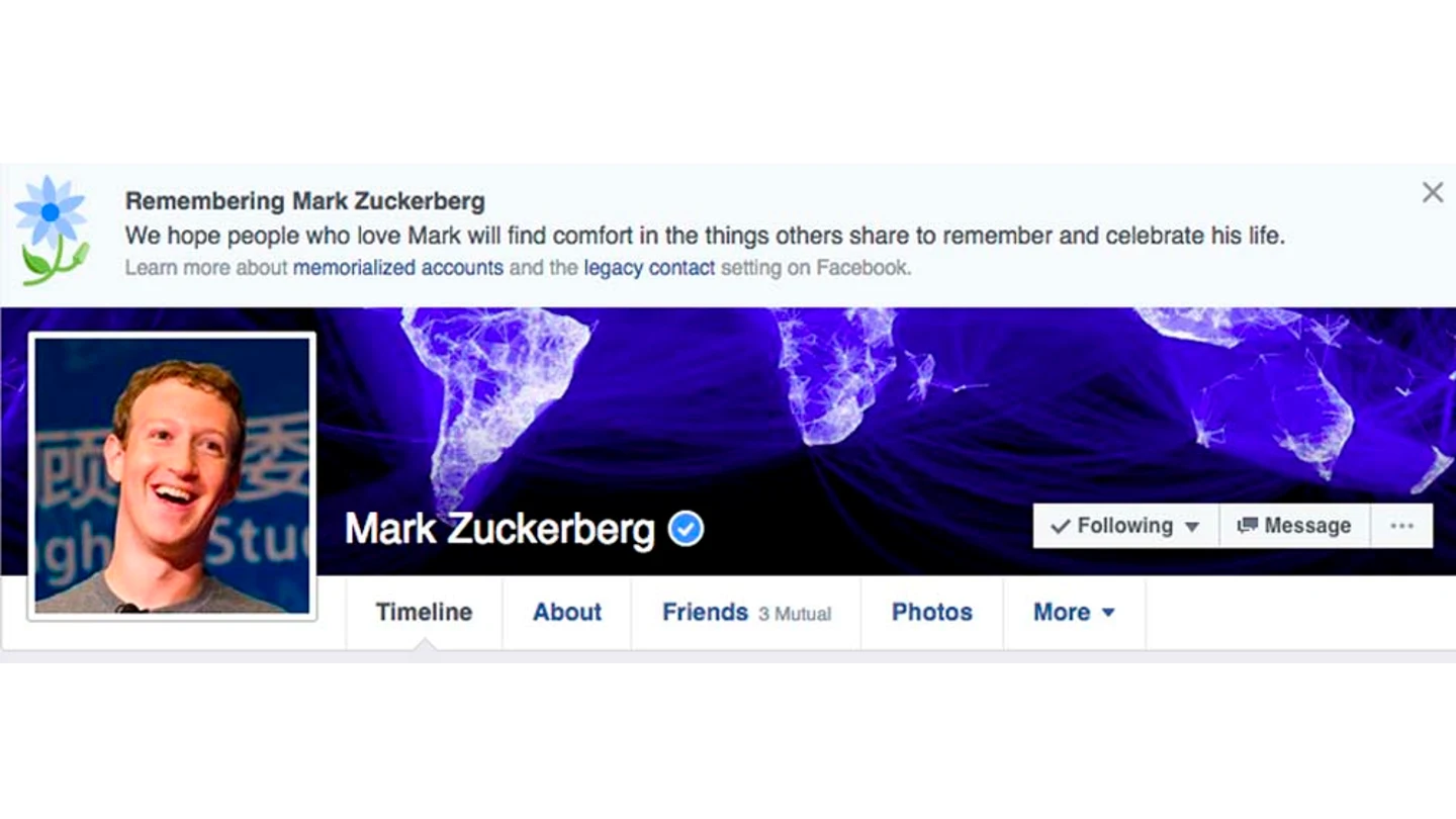 Mensaje de condolencia que Facebook mostró en el perfil de Mark Zuckerberg Mensaje de condolencia que Facebook mostró en el perfil de Mark Zuckerberg