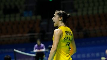 Carolina Marín celebra un punto durante su debut en el Abierto de China