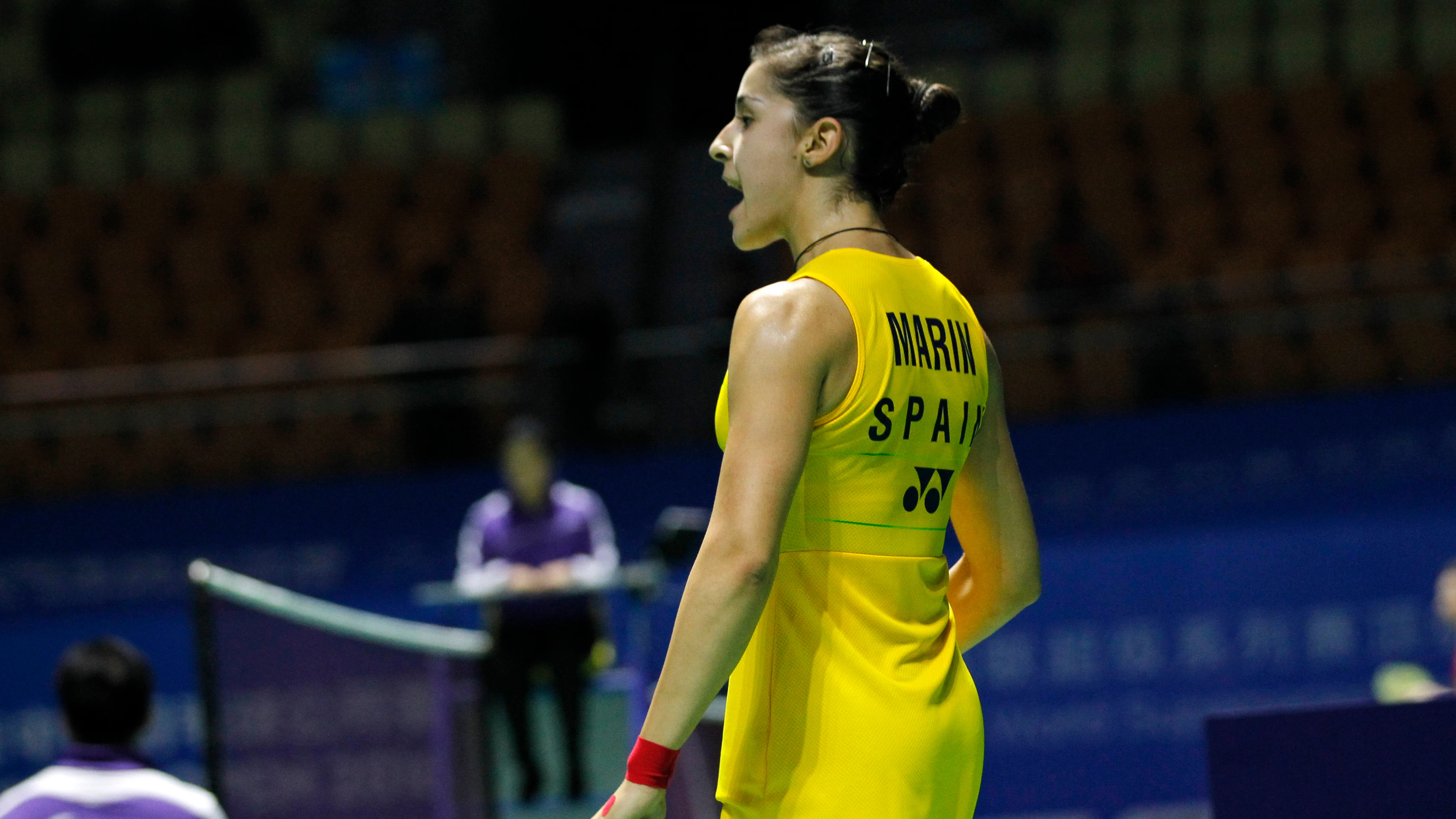 Carolina Marín celebra un punto durante su debut en el Abierto de China