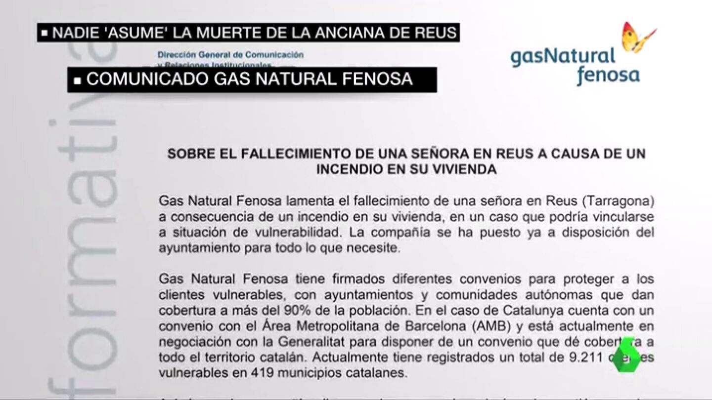 Frame 60.690583 de: Gas Natural podr&iacute;a ser multada con un mill&oacute;n por cortar la luz de la anciana fallecida en Reus sin avisar al Ayuntamiento