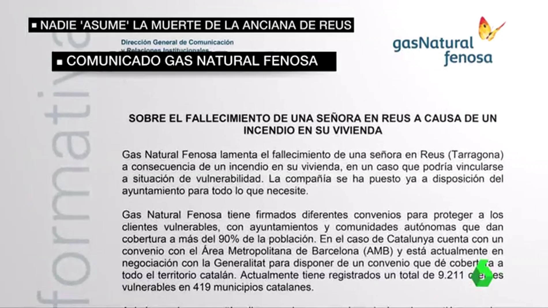 Frame 60.690583 de:  Gas Natural podría ser multada con un millón por cortar la luz de la anciana fallecida en Reus sin avisar al Ayuntamiento