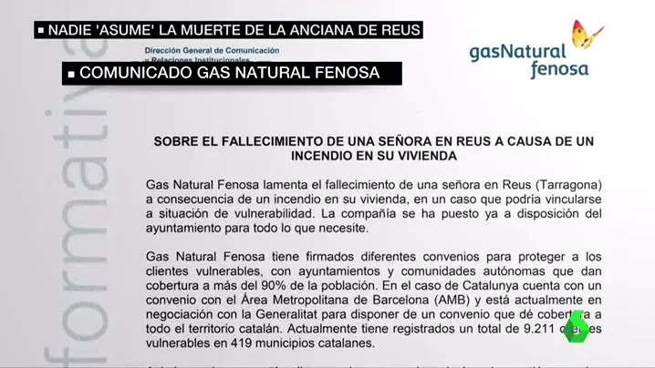 Frame 60.690583 de: Gas Natural podría ser multada con un millón por cortar la luz de la anciana fallecida en Reus sin avisar al Ayuntamiento