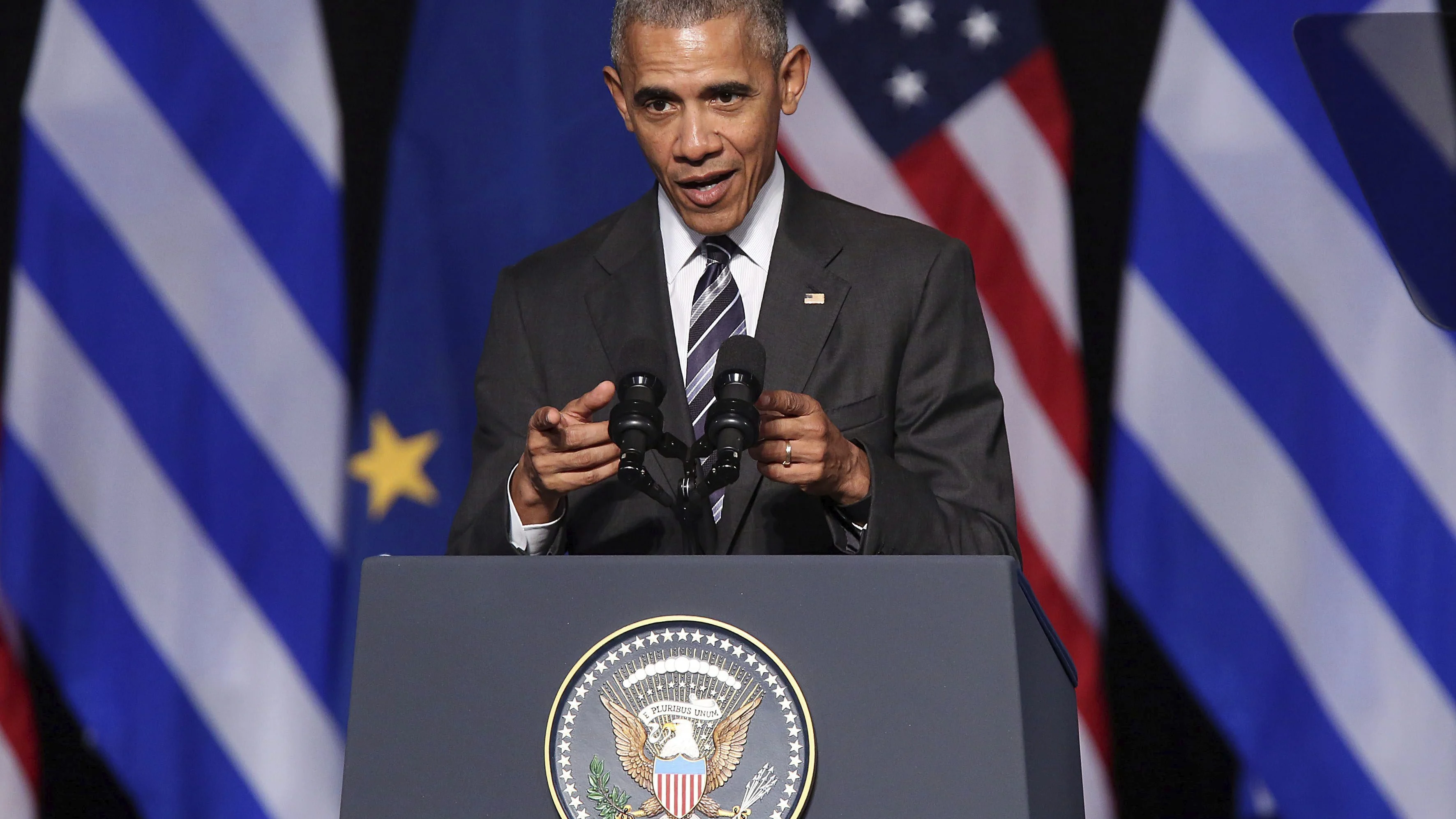 El presidente de los Estados Unidos, Barack Obama, ofrece un discurso en el Centro Cultural de la Fundación Stavros Niarchos en Atenas