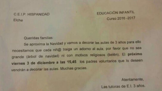 Texto dirigido a los padres de los ni&ntilde;os de tres a&ntilde;os del colegio HIspanidad, en Elche