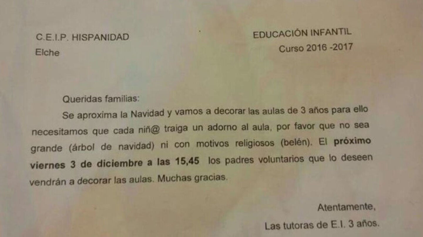Texto dirigido a los padres de los ni&ntilde;os de tres a&ntilde;os del colegio HIspanidad, en Elche