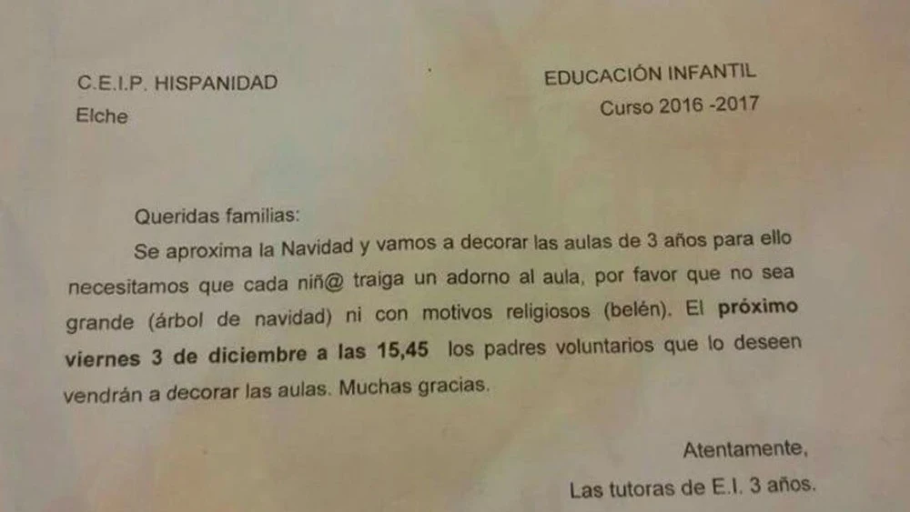 Texto dirigido a los padres de los niños de tres años del colegio HIspanidad, en Elche