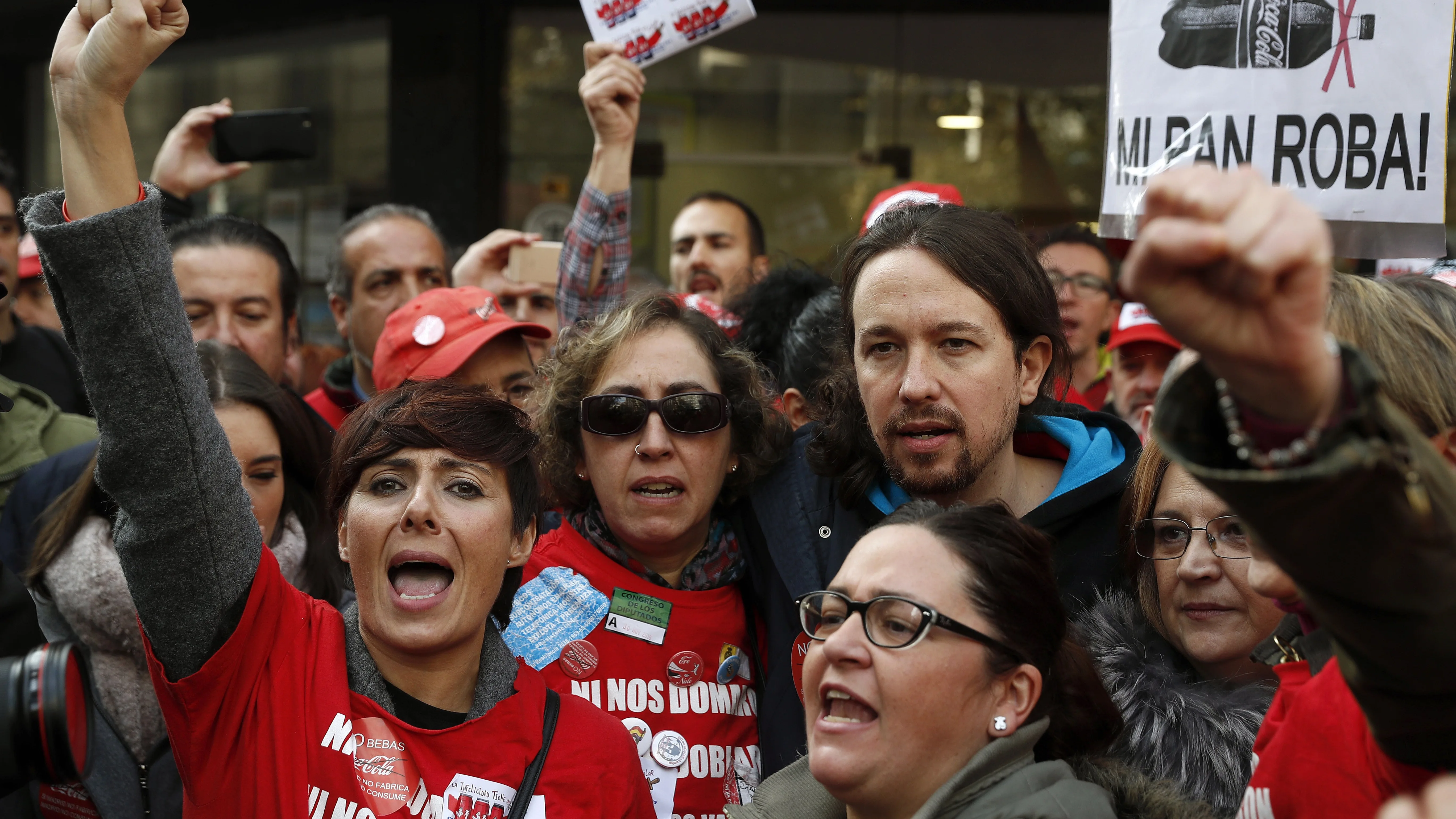 Pablo Iglesias, líder de Podemos, en la manifestación de despedidos de Coca-cola