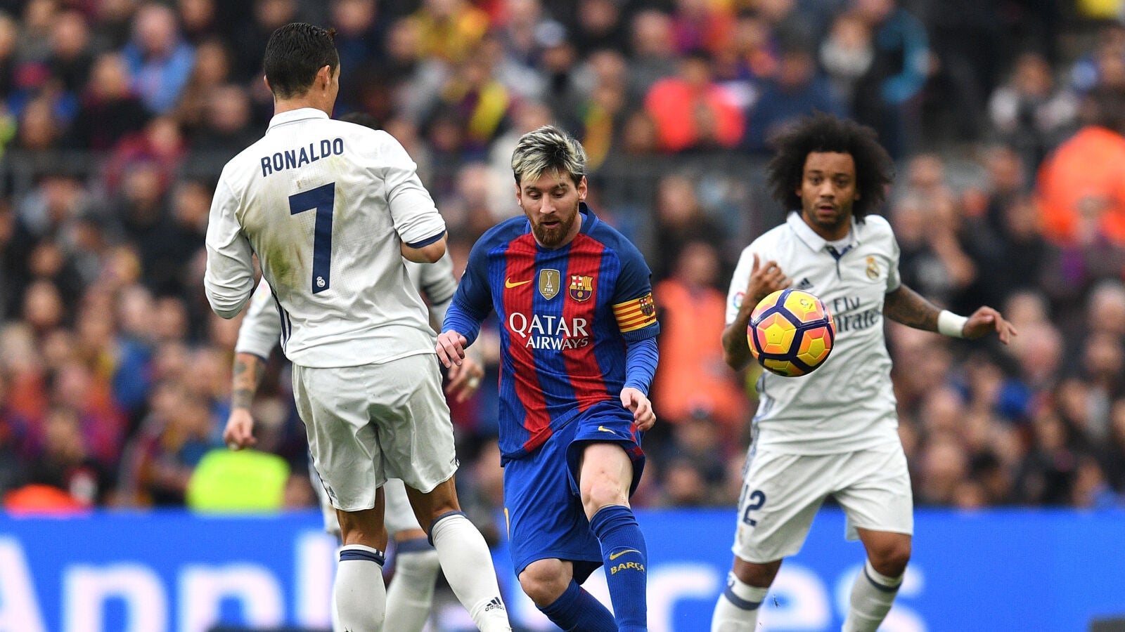 Leo Messi, Marcelo y Cristiano Ronaldo durante El Cl&aacute;sico 