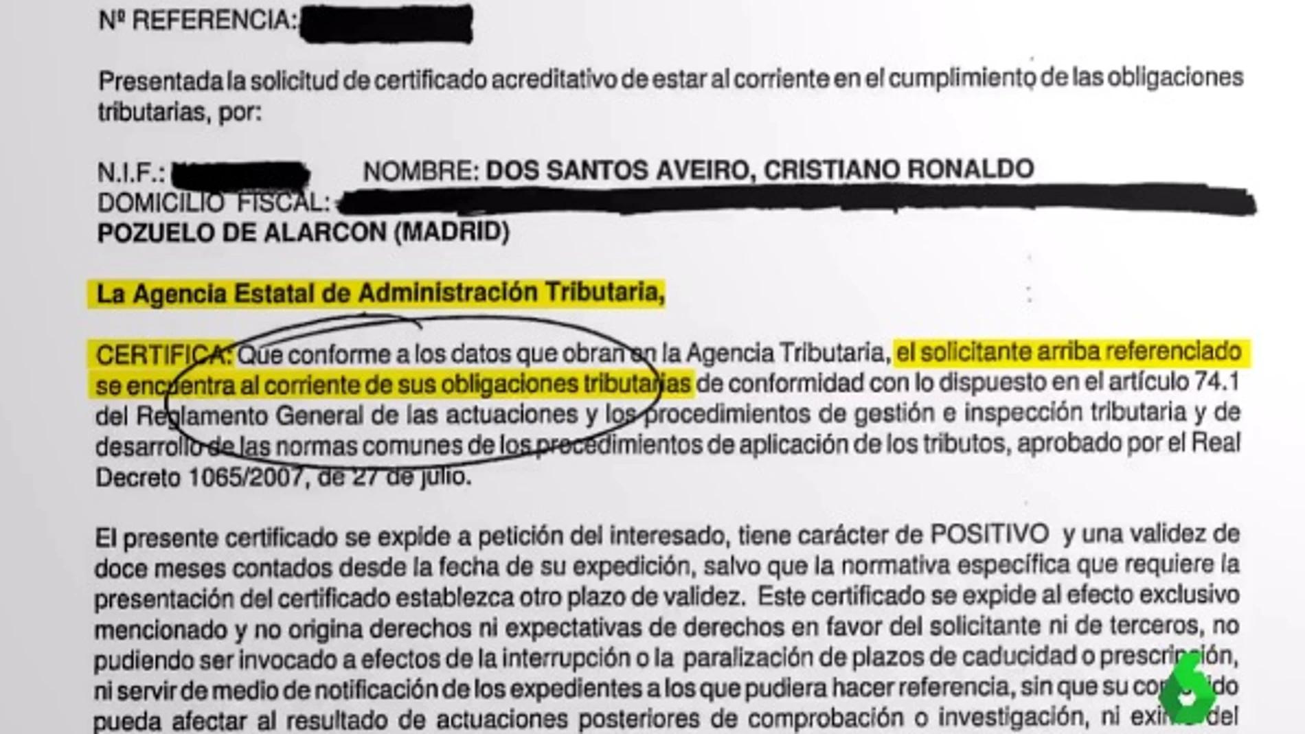 Documento de la Agencia Tributaria sobre Cristiano Ronaldo