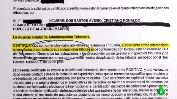 Documento de la Agencia Tributaria sobre Cristiano Ronaldo