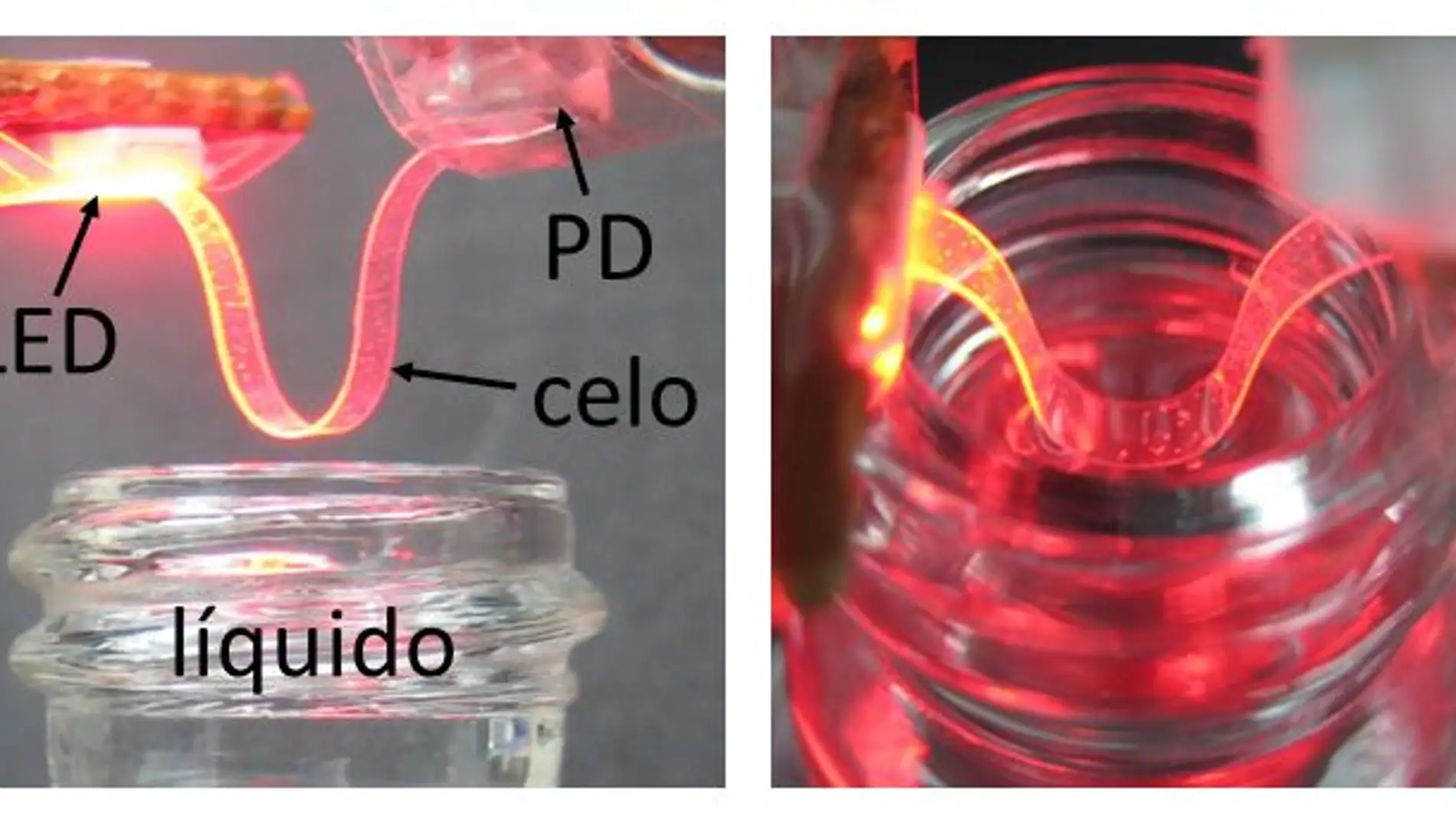 Sensor óptico desarrollado por investigadores de la UPM consistente en una guía de onda hecha de celo, un emisor de luz LED y un detector de luz. Gracias a la flexibilidad del celo, es posible doblarlo en forma de U e introducirlo en un líquido para su análisis.