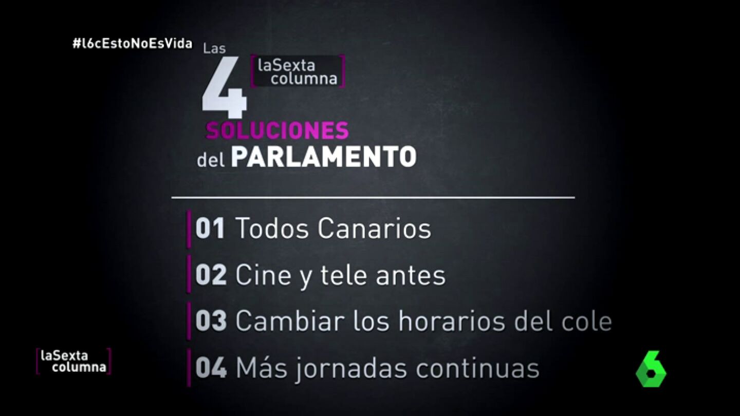 Frame 7.848742 de: Ser todos canarios, tele antes, cambiar horarios del cole y jornadas continuas y flexibles, soluciones del Parlamento 