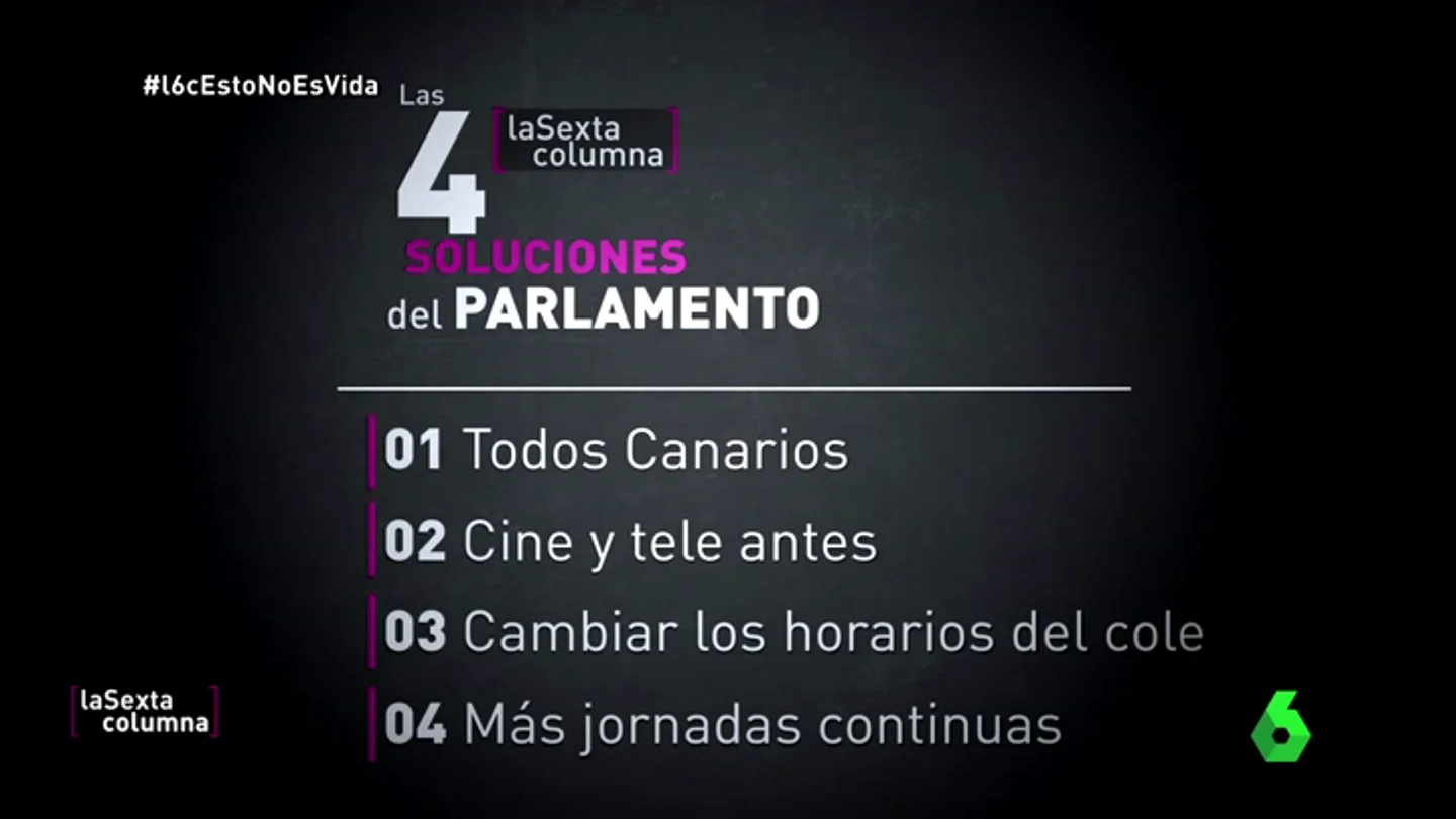 Frame 7.848742 de: Ser todos canarios, tele antes, cambiar horarios del cole y jornadas continuas y flexibles, soluciones del Parlamento Frame 7.848742 de: Ser todos canarios, tele antes, cambiar horarios del cole y jornadas continuas y flexibles, soluciones del Parlamento