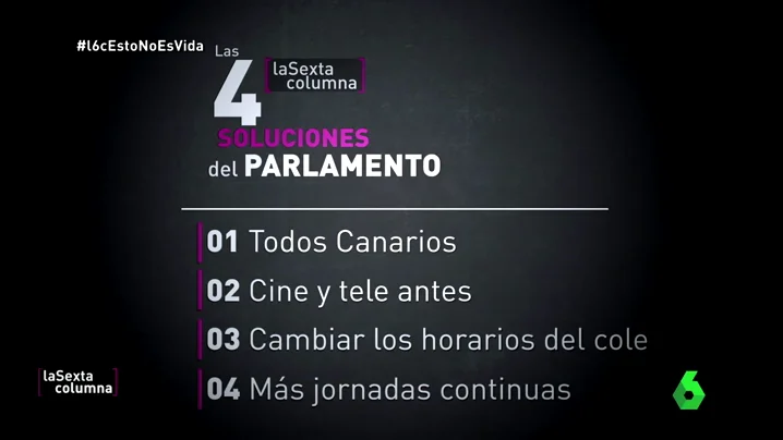 Frame 7.848742 de: Ser todos canarios, tele antes, cambiar horarios del cole y jornadas continuas y flexibles, soluciones del Parlamento 