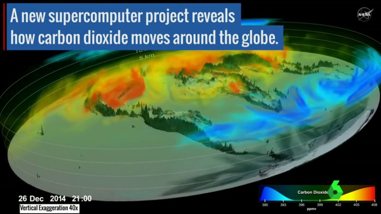 Frame 5.75364 de: Un v&iacute;deo publicado por la NASA muestra el movimiento del CO2 por todo el planeta