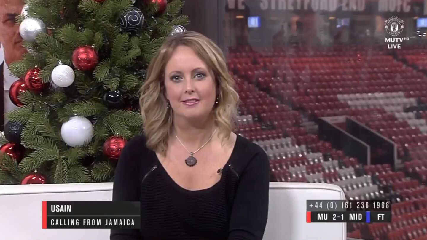 La presentadora del programa del United, cariacontecida por la llamada de Bolt