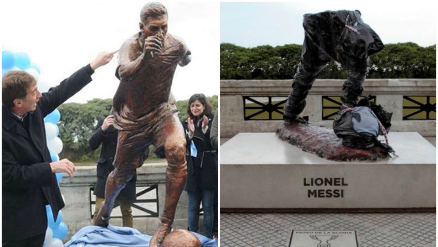 La estatua de Messi en Buenos Aires cuando se inaugur&oacute;... y el estado en el que qued&oacute; tras el ataque