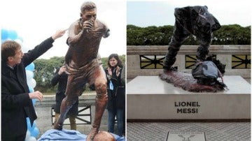 La estatua de Messi en Buenos Aires cuando se inauguró... y el estado en el que quedó tras el ataque