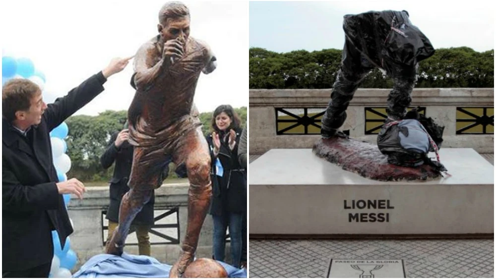 La estatua de Messi en Buenos Aires cuando se inauguró... y el estado en el que quedó tras el ataque