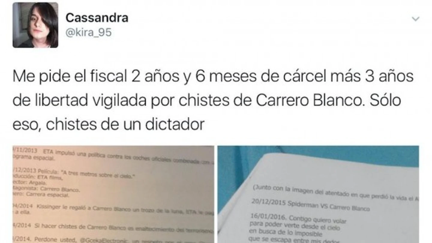 Imagen del tuit en el Cassandra denuncia la petición de cárcel de la Fiscalía por los chistes sobre Carrero Blanco Imagen del tuit en el Cassandra denuncia la petición de cárcel de la Fiscalía por los chistes sobre Carrero Blanco