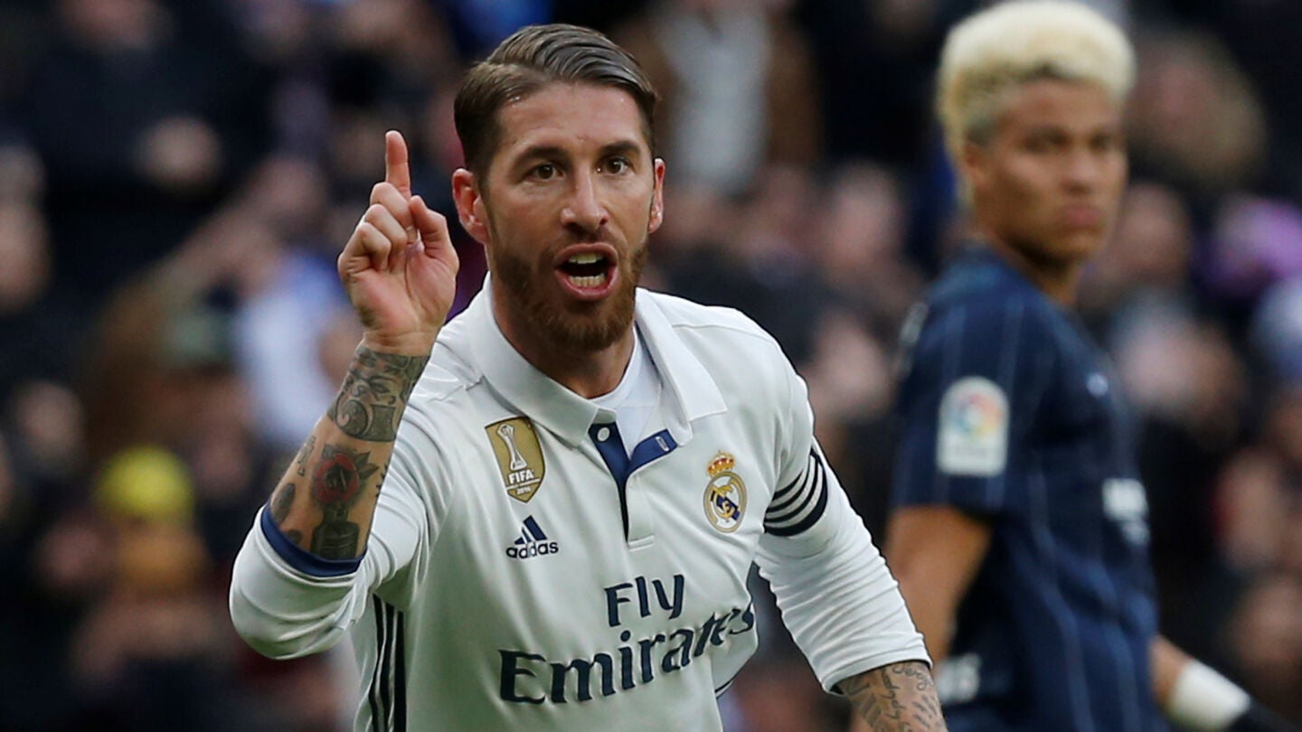 Sergio Ramos celebra uno de sus goles durante el Real Madrid - M&aacute;laga