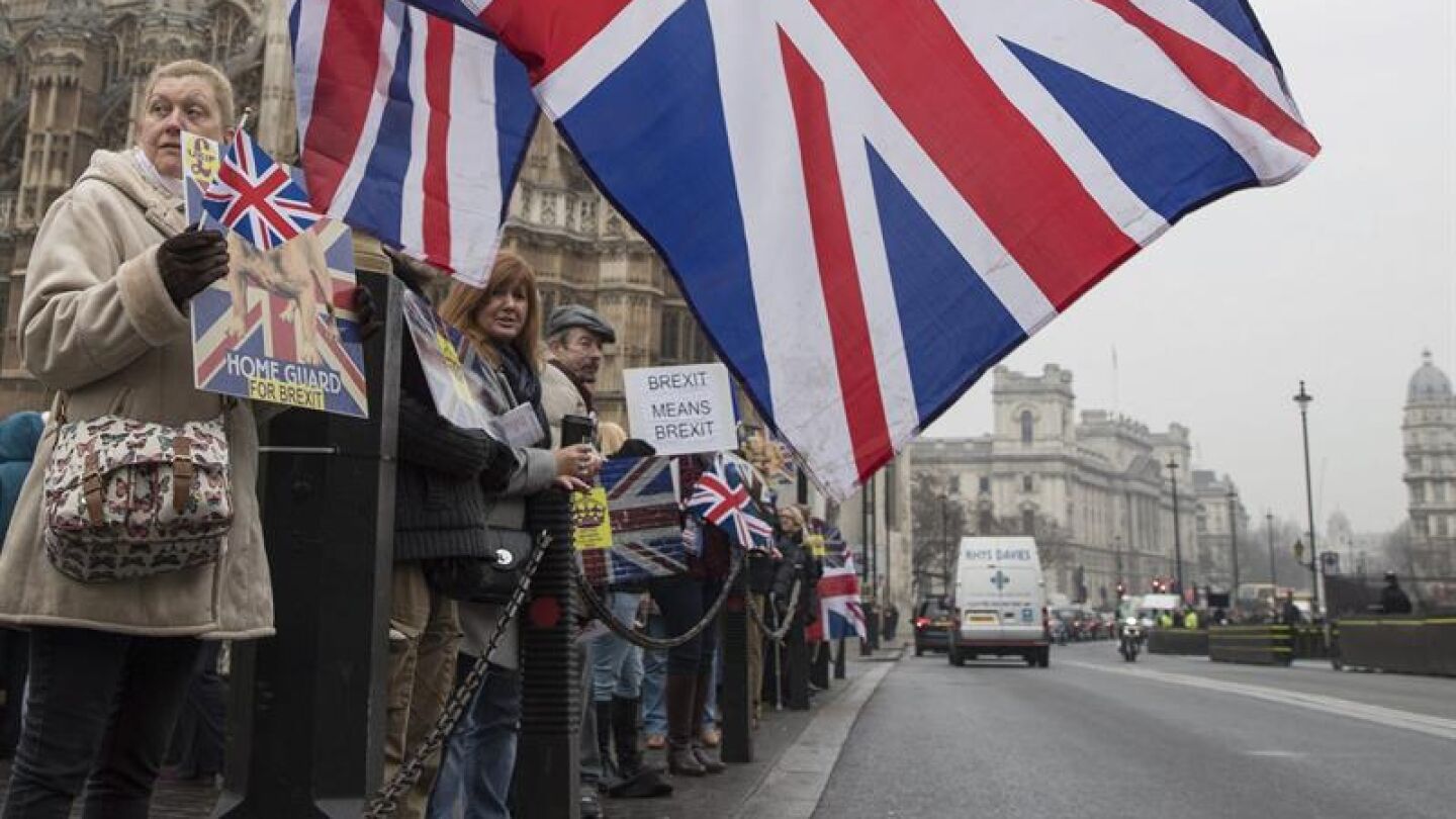 Varias personas participan en la manifestaci&oacute;n a favor del Brexit