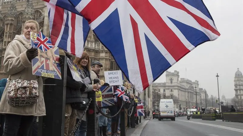 Varias personas participan en la manifestación a favor del Brexit