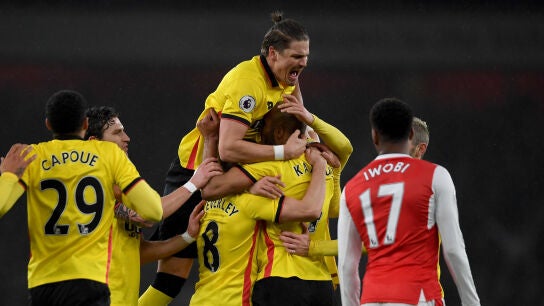 Los jugadores del Watford celebran un gol ante el Arsenal