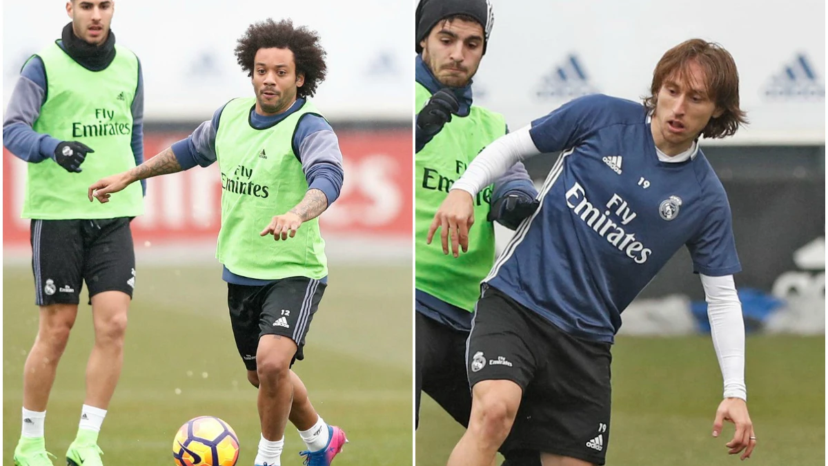 Marcelo y Modric, entrenando con el resto de sus compañeros