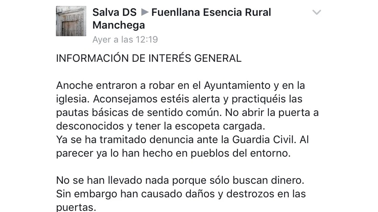 El mensaje del alcalde de Fuenllana en Facebook El mensaje del alcalde de Fuenllana en Facebook