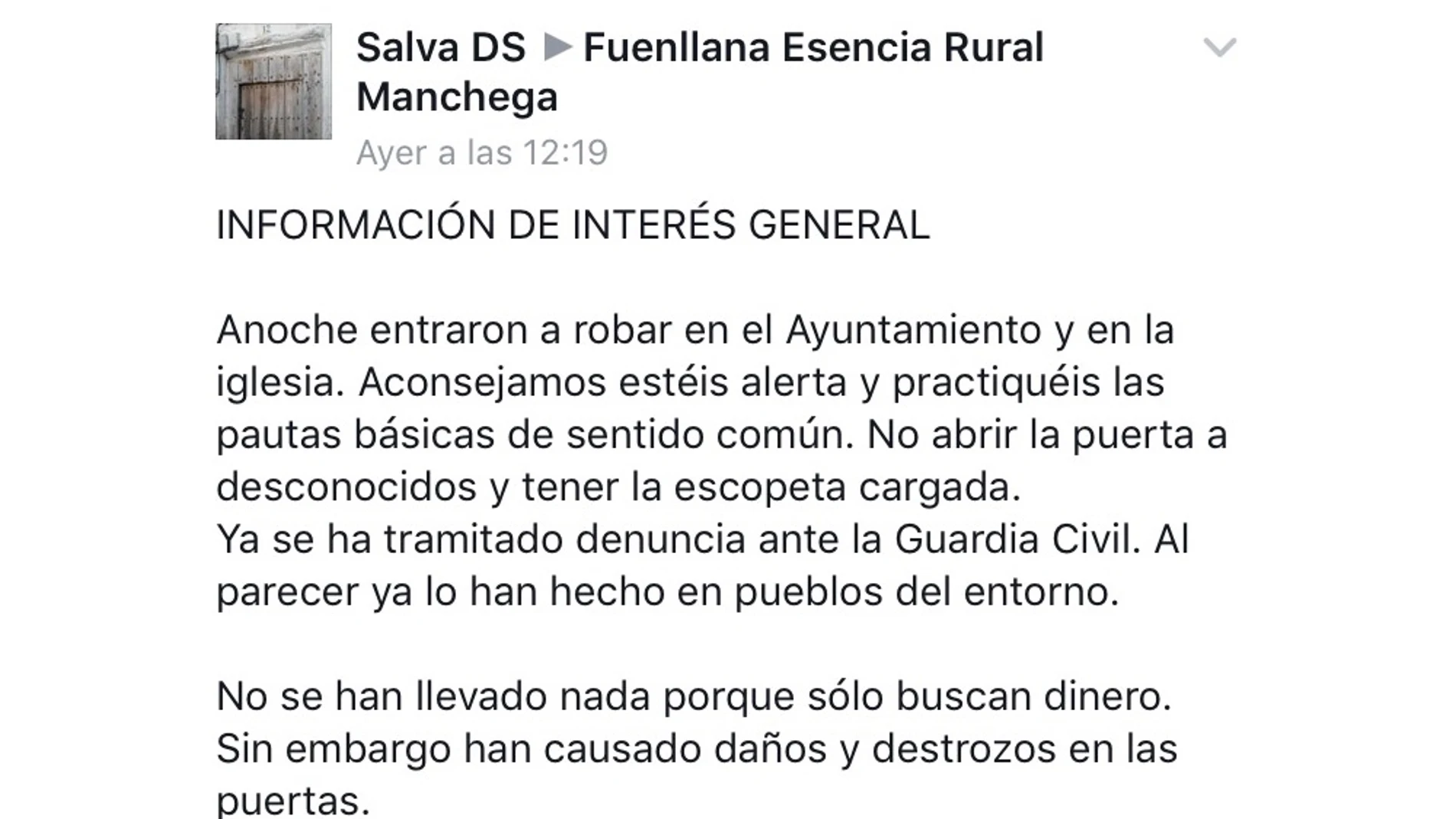 El mensaje del alcalde de Fuenllana en Facebook