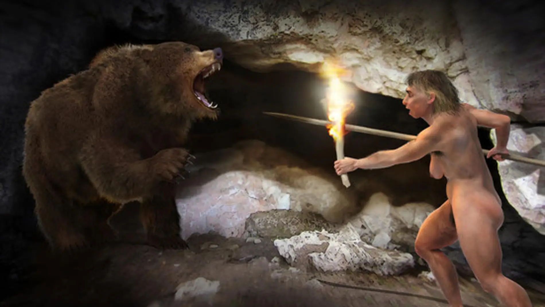 Recreación artística de una mujer neandertal y un oso. / José Antonio Peñas-Sinc.
