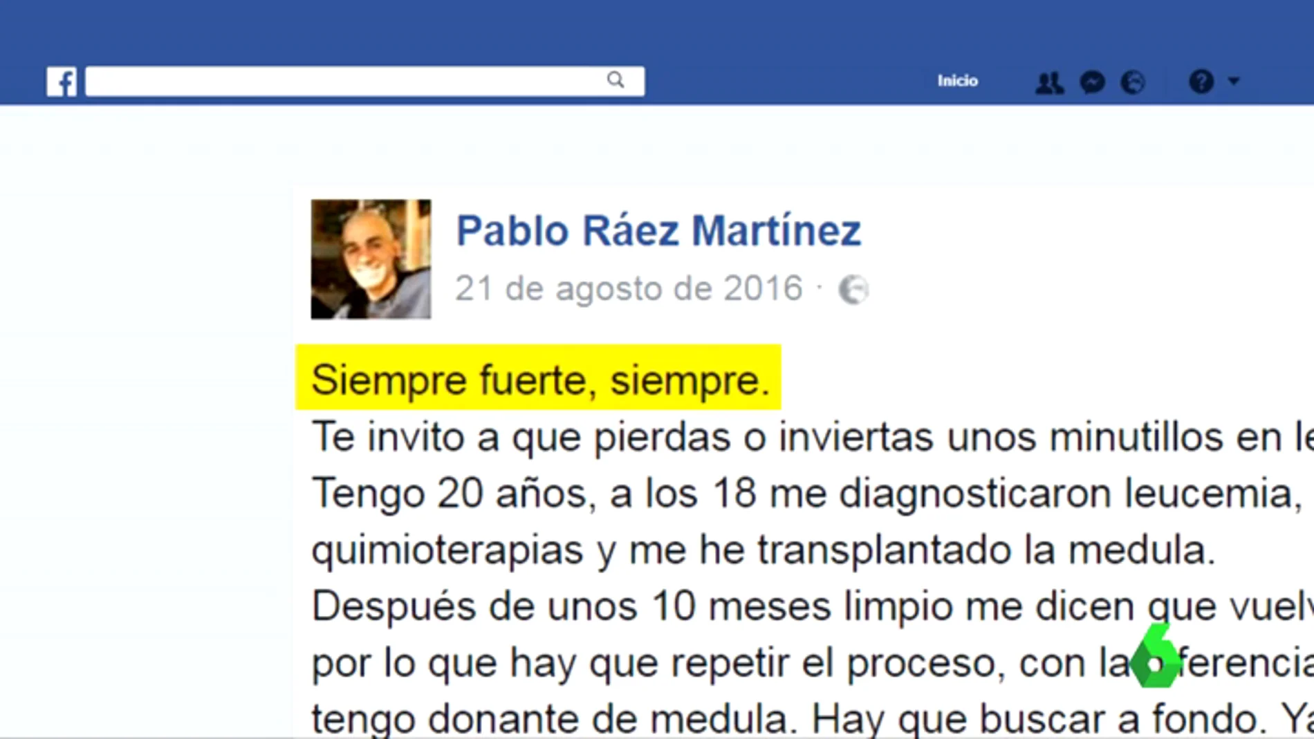 El ejemplo de superación y lucha contra la leucemia, contado por Pablo Ráez en las redes sociales