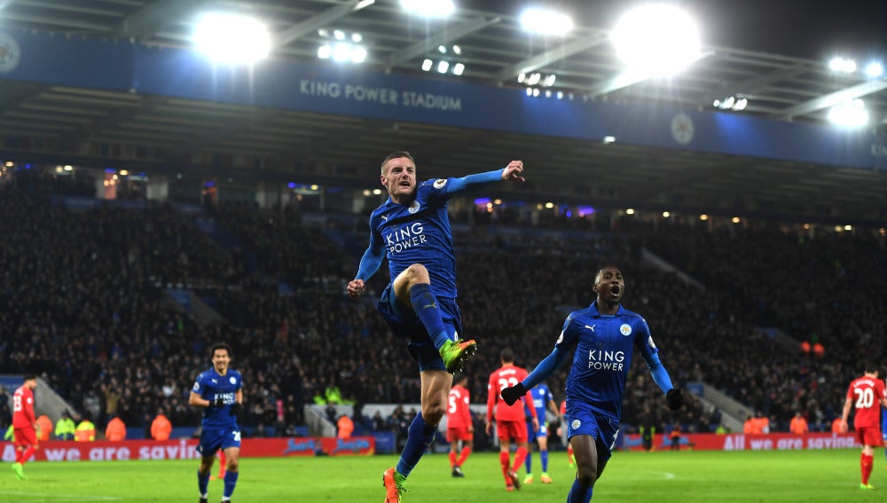 Vardy celebra un gol ante el Liverpool