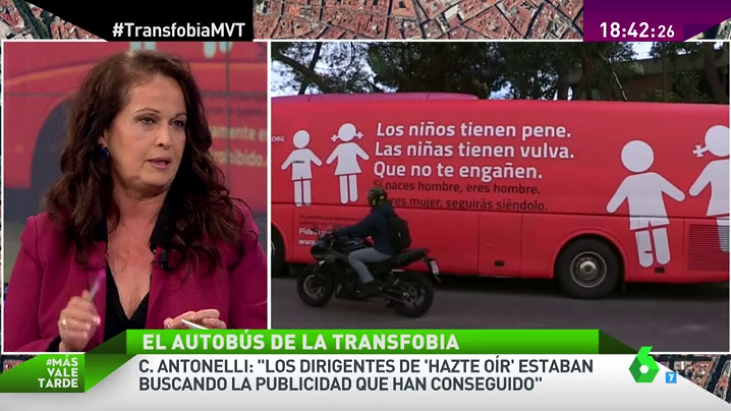 Frame 165.313216 de: Carla Antonelli: "Es una sinvergonzoner&iacute;a pasear el autob&uacute;s transf&oacute;bico de Hazte O&iacute;r frente a los colegios"